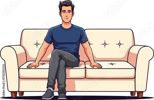 Young man sitting on comfortable sofa with relaxed posture, cartoon character illustration of male lifestyle, home interior furniture vector design.