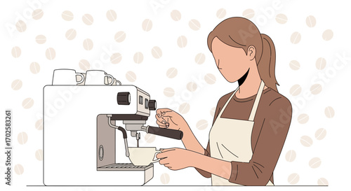 Woman Using Espresso Machine to Prepare Coffee, Modern Design, Vector Illustration Style