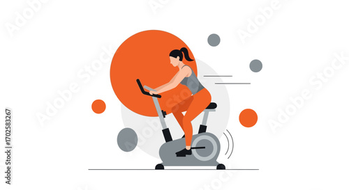 Woman Training on Stationary Bike with Geometric Background, Healthy Lifestyle