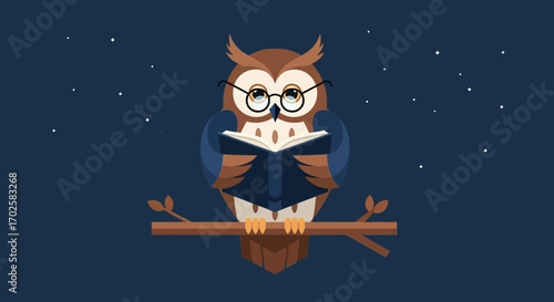Wise Owl Reads Storybook Under Starry Night in Peaceful and Serene Illustration