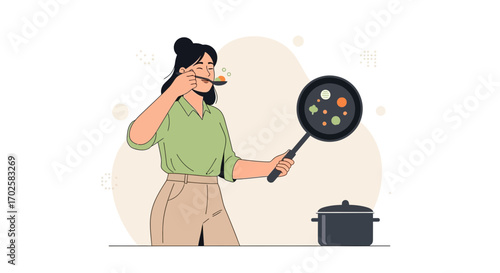Woman Tries Food From Pan In Kitchen, Enjoying Homemade Meal Illustration