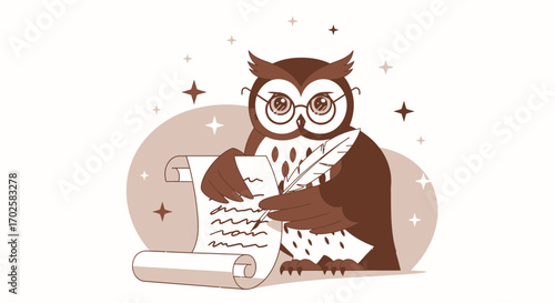 Wise Owl Writing a Scroll: Illustrations Of An Animated Bird With Glasses and Feather Pen