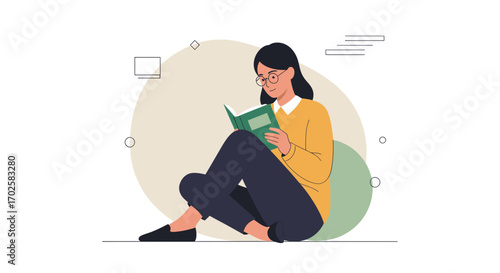 Woman Absorbed In Reading A Book While Sitting, Relaxing, And Enjoying Peace