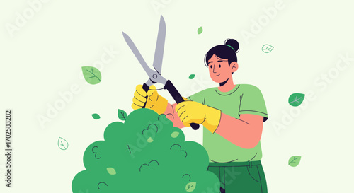 Woman Trimming Green Hedge With Garden Shears, Showing Home Gardening Activity and Leisure