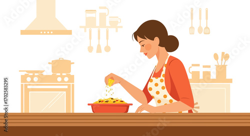Woman Adding Spice To Food Preparation In Kitchen During Cooking Process