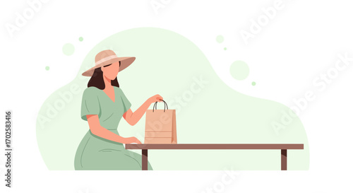 Woman Wearing a Hat Sitting at a Table with a Shopping Bag in Minimalist Illustration