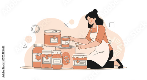 Woman Arranging Jars And Cans Of Preserved Food Showing Preparedness And Organization