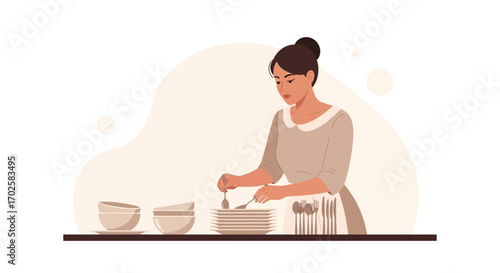 Woman Arranging Tableware After Preparing Meal, Elegant Dining Scene Illustrative Drawing