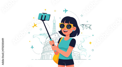 Woman Capturing Moments: Travel Story, Selfie Stick, Tourism, Global Adventures