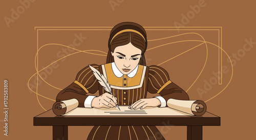 Woman Composing, Writing, Pen and Paper, Creative Composition, Artistic Expression, Illustration