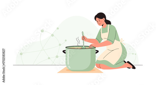 Woman Cooking a Dish in Large Pot with Kitchen Utensil, Isolated Illustration