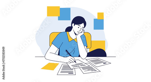 Woman Contemplating Documents at a Desk, Concentrating on Complex Analysis and Planning