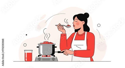 Woman Cooking And Tasting Food In The Kitchen While Having A Delicious Aroma