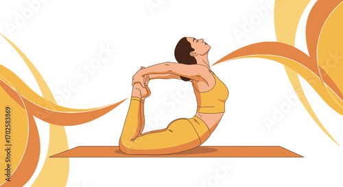 Yoga Practice Illustration Depicting Bow Pose and Abstract Design Elements for Wellness