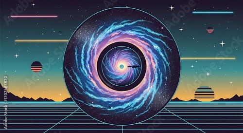 Synthwave art of a spaceship entering a swirling cosmic wormhole above a digital grid landscape.