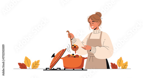 Woman Cooking Delicious Food in a Pot, Warm Autumn Colors and Home Cozy Feeling