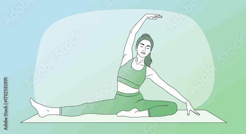 Yoga Practice in Simple Green Tones Displaying Calming Exercise and Flexibility in Art