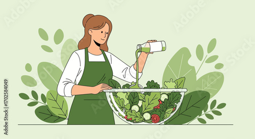 Woman Crafting A Salad With Fresh Ingredients In Preparation For Dinner Gathering