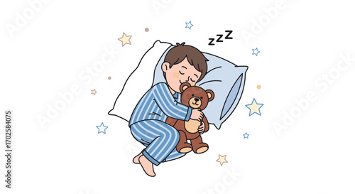 Young Boy Asleep With Teddy Bear On A Pillow Comforted By Stars Nighttime