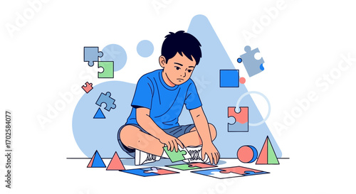 Young Boy Assembles Jigsaw Puzzle, Focusing On Concentration And Problem Solving Skills