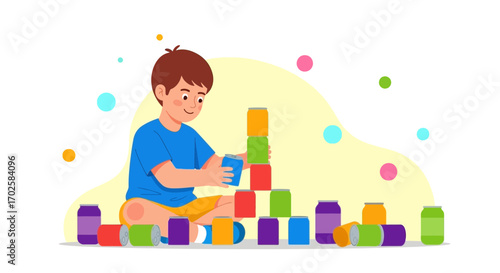 Young Boy Builds Tower Of Cans, Creative Playtime And Fun With Colorful Illustration