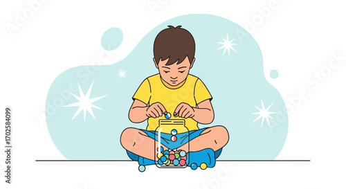 Young Boy Carefully Placing Colorful Round Objects Into A Glass Jar Illustration