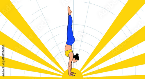 Woman Demonstrating Yoga Handstand Against a Backdrop of Sunburst Radiance
