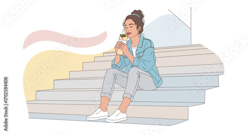Woman Eating Wrapped Food on Steps with Updo for Illustration Purpose