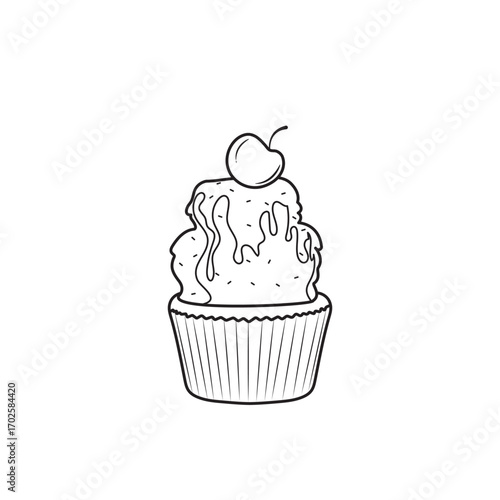 Cupcake Outline Cherry On Top With Melted Dripping Chocolate And Sprinkles Vector Illustration