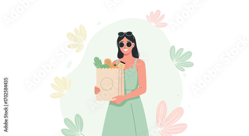 Woman Embracing Sustainable Shopping Habits While Smiling Happily in The Pastel Backdrop