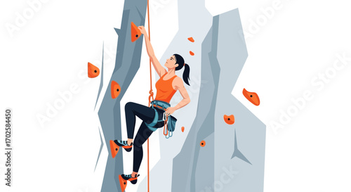 Woman Engaged In Rock Climbing, Showing Skill And Strength On The Cliff Face And Rope