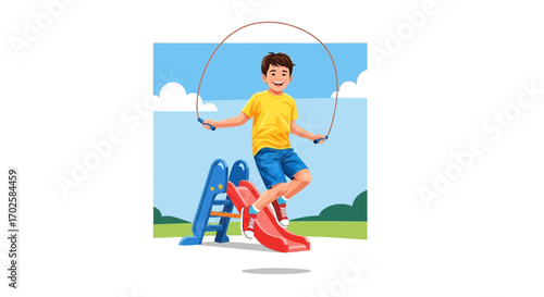 Young Boy Playing With a Jump Rope on a Playground Slide in a Cheerful Moment