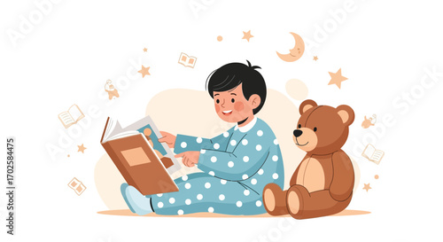 Young Boy Reading A Book With His Teddy Bear Before Bed, A Cozy Night Scene