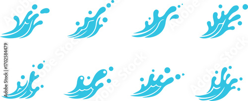  collection of water splash icons, depicting dynamic and fluid movements, ideal for representing freshness, purity, or aquatic themes in graphic design and illustrations