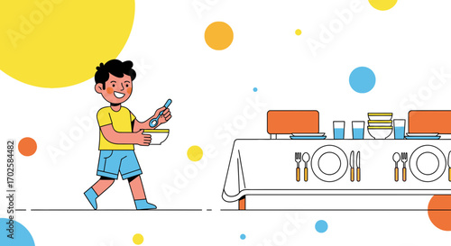Young Boy Preparing Table Setting Cartoon Illustration For Family Dinner Party