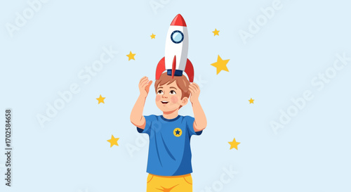 Young Boy With Rocket Illustration, Embracing Dreams Of Space Exploration and Discovery