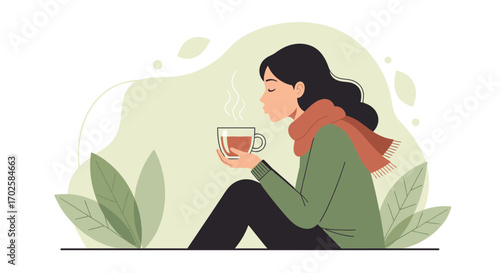 Woman Enjoying A Warm Drink In Cozy Settings, A Symbol Of Peace And Relaxation Illustration