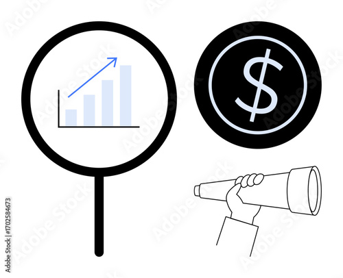 Magnifying glass over upward graph, dollar icon, extended hand with telescope investigating opportunities. Ideal for finance, research, vision, analysis, investment, growth strategy simple flat