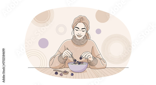 Woman Enjoying Breakfast Depicted In A Serene And Minimalist Aesthetic