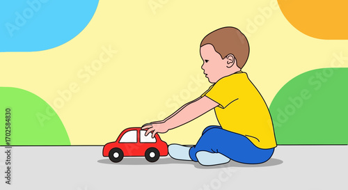 Young Child Playing With A Toy Car, Creating A Simple Playtime Illustration