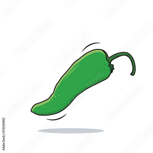Vector Fresh Green Chilli Pepper Cartoon Style Isolated On White Background, Vector Illustration