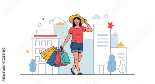 Woman Enjoying Shopping Day with Colorful Bags in a Modern Urban Environment