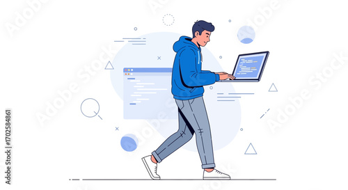 Young Coder Walking, Engrossed in Coding on A Laptop, Illustrative, Vector Graphic