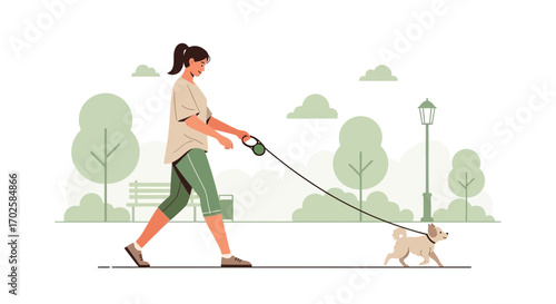Woman Enjoying Walk With Her Dog In Park During Beautiful Sunny Day