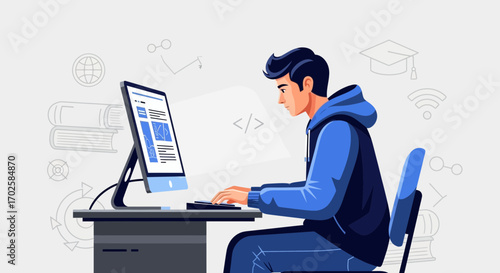Young Developer Concentrating on Coding at Desk, Creating Interactive Web Pages Efficiently