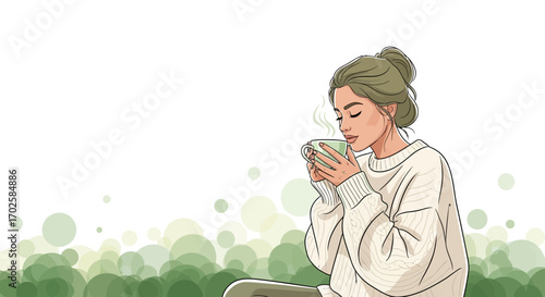 Woman Enjoying Warm Beverage, Contemplating, Relaxing In Comfortable Attire, Illustration