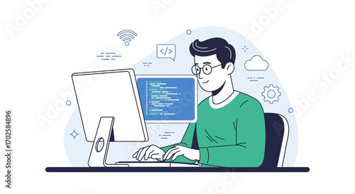 Young Developer Concentrating on Coding Project, Focused at His Animated Computer Screen