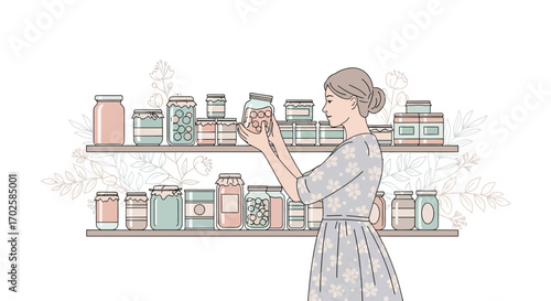 Woman Examining Preserved Food Jars, Showing Pantry Shelves Filled With Provisions