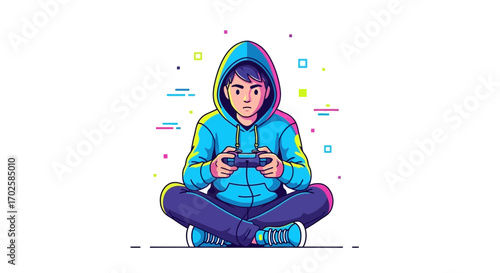 Young Gamer Enthralled In An Intense Session Playing Console Games On A White Background