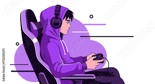 Young Gamer Immersed In A Purple-Themed Gaming Session With Headset And Controller
